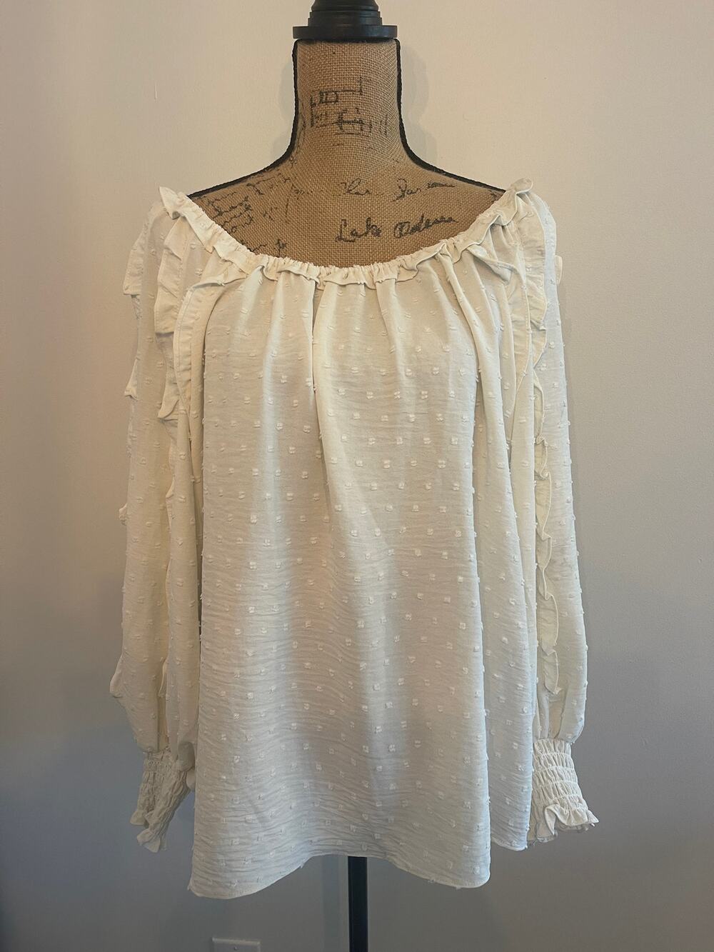 Max Studio Smocked Women's Long Sleeve Blouse Ecru Ivory Size L New NWT